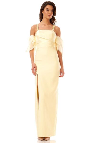 Elbisemhazır Askılı Düşük Balon Kol Yırtmaçlı Uzun Abiye Elbise