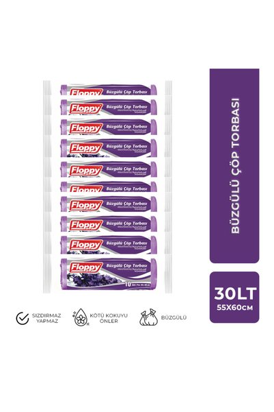 Floppy Büzgülü Çöp Torbası / Büzgülü Çöp Poşeti Orta Boy Lavanta Kokulu 10 Adet