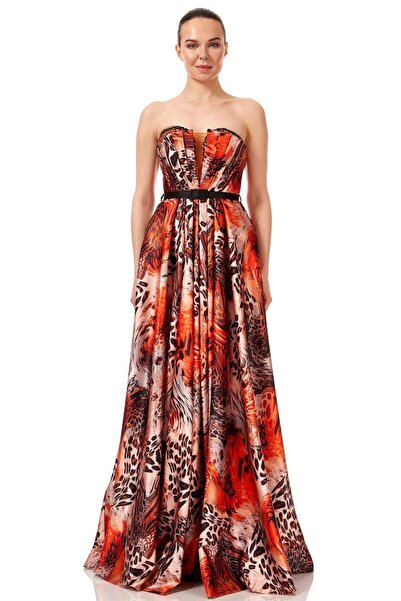 Elbisemhazır Straplez Kemerli Renkli Baskılı Saten Uzun Abiye Elbise