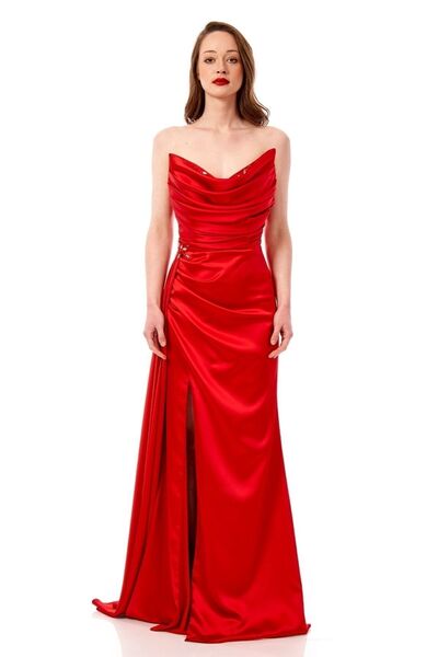 Elbisemhazır Kayık Yaka Yırtmaçlı Saten Uzun Abiye Elbise