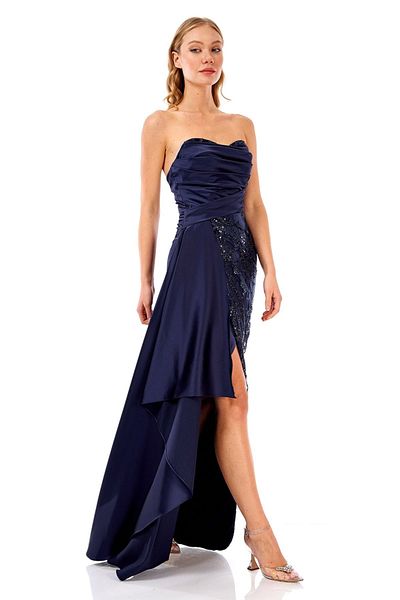 Elbisemhazır Strapless Satin Stone Detailed Evening Dress - Please Displain