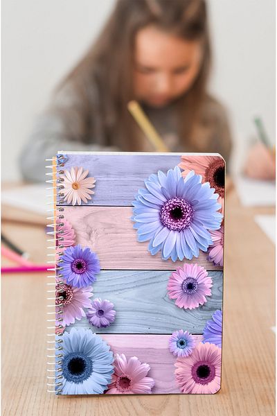 kutuTR Pink Flower Patterned - Wooden Mdf Cover 80 Sheets Striped Vip Modelist Notebook 80gr/m2 Ç-a603