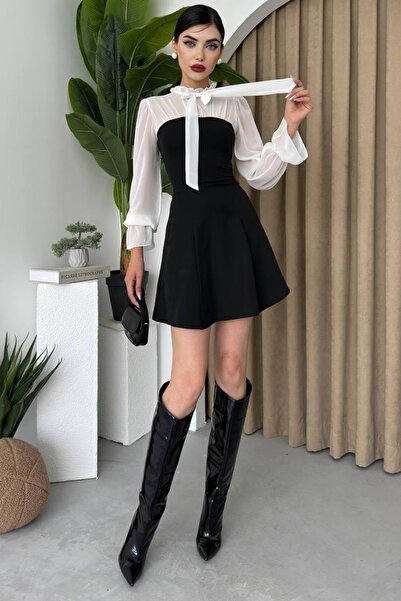 WOMAN VISION Kadın Atlas Kumaş Şık Yaka Detaylı Tül Tasarım Siyah Mini Elbise 214