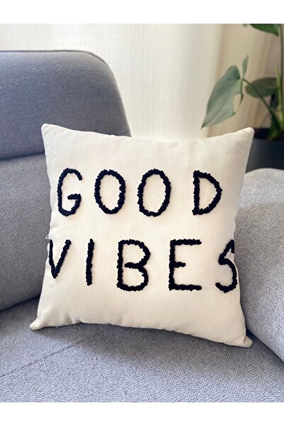 La Vivi Good Vibes Black Punch Throw Pillow - Handmade, 42 X 42 cm