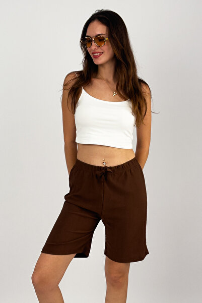 Betimoda Women's Elastic Waist Wide Leg Oversize Wrap Fabric Shorts Brown