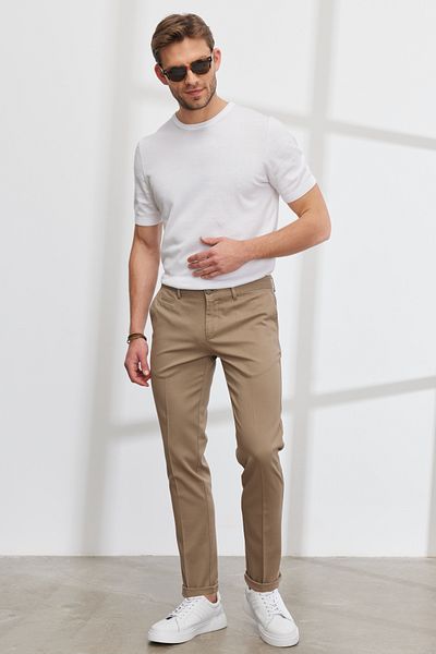 ALTINYILDIZ CLASSICS Ανδρικό μπεζ Slim Fit Slim Fit Πλαϊνή τσέπη βαμβακερό εύκαμπτο παντελόνι Dobby