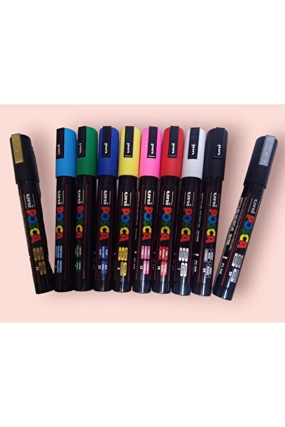 Uni Posca 5m Boyama Markörü Ana Renkler 8'li Set 2 Li Metalik Markör Hediye G...