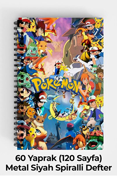 Anime Marketi Pokemon Tasarımlı A5 Spiralli Sert Kapak Defter 120 Sayfa