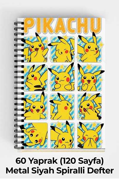 Anime Marketi Pokemon Pikachu Tasarımlı A5 Spiralli Sert Kapak Defter 120 Sayfa