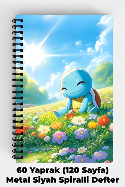 Anime Marketi Pokemon Squirtle Tasarımlı A5 Spiralli Sert Kapak Defter 120 Sayfa