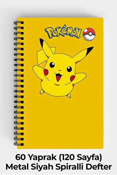 Anime Marketi Pokemon Pikachu Tasarımlı A5 Spiralli Sert Kapak Defter 120 Sayfa