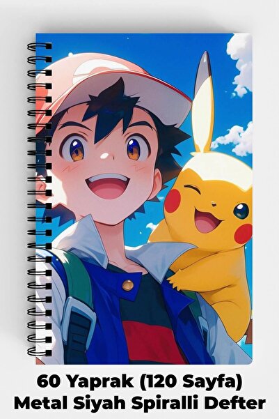Anime Marketi Pokemon Pikachu Tasarımlı A5 Spiralli Sert Kapak Defter 120 Sayfa