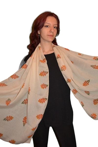 leillART Cotton Beige Shawl Scarf - Leaf Patterned Handmade