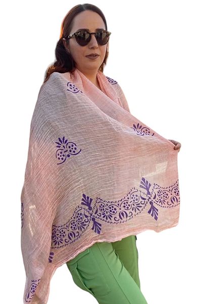 leillART Cotton Patterned Pink Shawl Scarf - Handmade