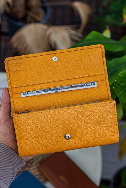Garbalia Angel Hakiki Deri Cep Telefonu Bölmeli Sarı Renk Kadın Cüzdanı