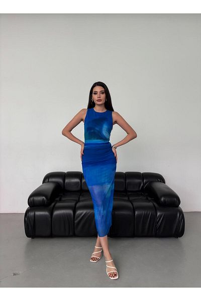 OlaLady Rochie din tul cu model de lungime midi, cu decolteu rotund