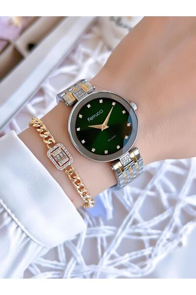 Ferrucci ساعة يد نسائية بحجر القطران الأخضر - سوار فولاذي، 3 ATM، لون أسود، سوار