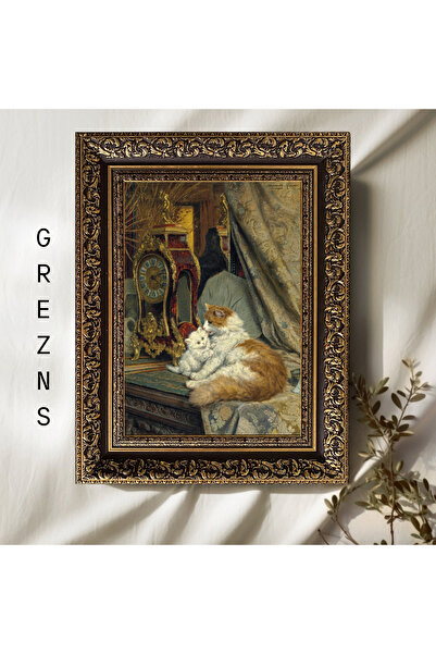 Sanart Pictură de epocă, pictură în ulei, pictură înrămată din seria specială, decor artistic, retro, pictură cu pisici