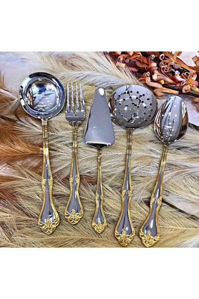 Nehir Lalezar Gold 5 Piece Serving Set - Ladle, Spoon and Colander Set