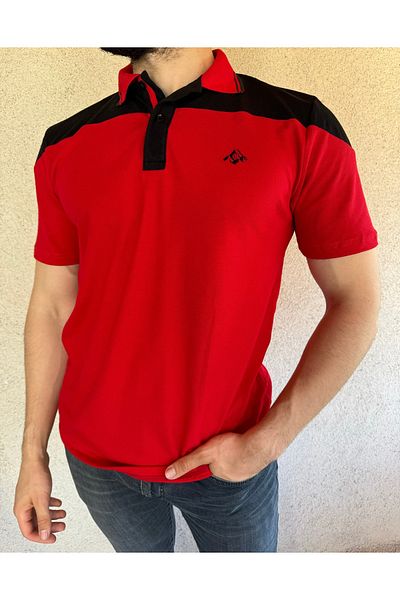 Mesh Men's Red Polo Collar T-shirt - 100% Cotton, Colorful Striped, Short Sleeve, Split Model, Logo Design