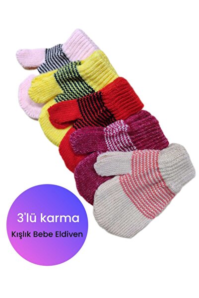 Gürhan Çorap 3'lü Bebe Orta Kalın Karma Renk Termal Eldiven Kışlık Örgü Kalit...