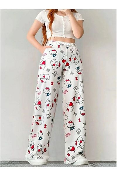 pandy White Small Hello Cat Wide Leg Sweatpants