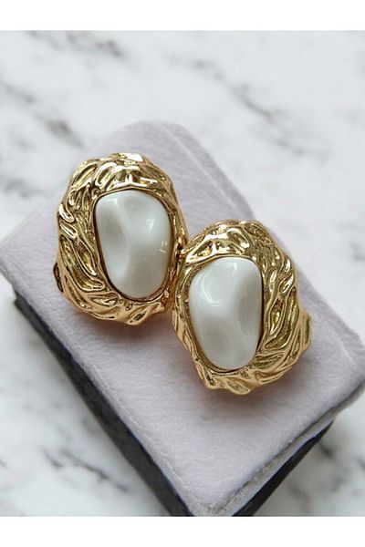 JEWELRY Brass Earrings - White Stone Detailed