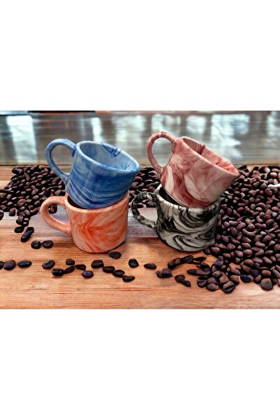 İZart Set of 4 Ebruli Hand Embroidered Ceramic Mug