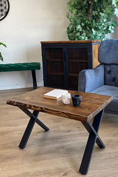 TOLIAHOME Masif Ahşap Ceviz Renk Natürel Sehpa Doğal Metal Ayaklı Orta Sehpa