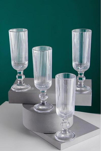 Vadi High Footed Striped Elegant Glass Cup Set - Coffee Side Cup 160 ml Set of 4