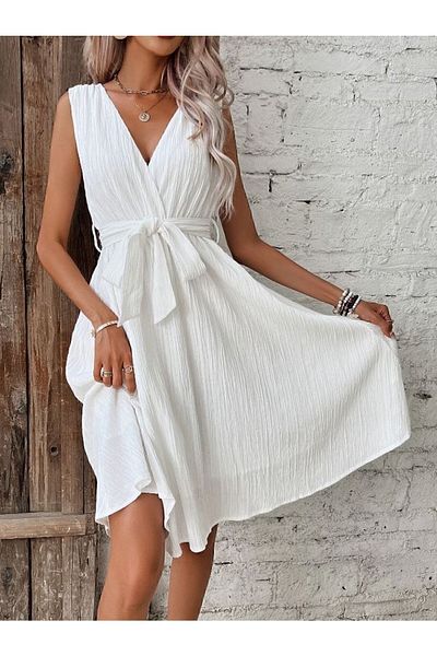 ASIA GİYİM Women's Belted White A-line Dress
