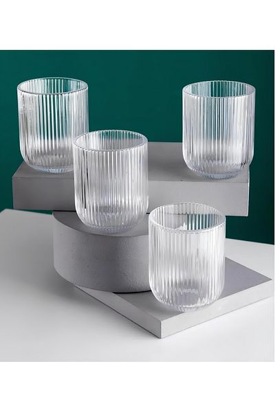Vadi Lucca Minimalist 4-Piece Striped Glass Set - Glass Water Soft Drink, Transparent, 280 ml