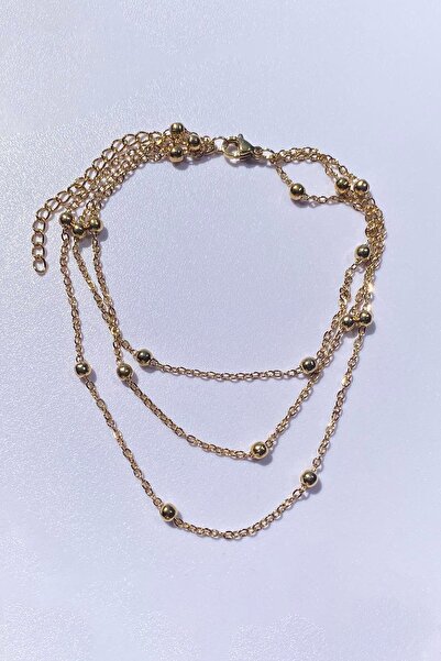 TAKIŞTIR Gold Color Triple Chain Figured Steel Anklet