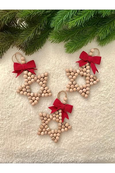 dodido wooden toys Star Christmas Tree Ornament with 3 Natural Wooden Beads and Ribbon