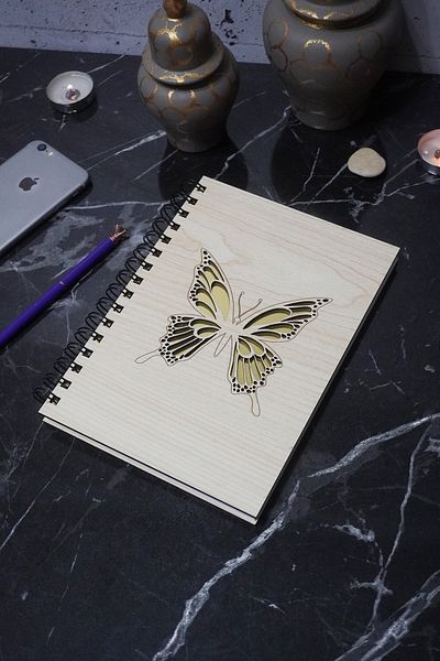 markcat A5 Butterfly Patterned Wooden Notebook - Diary and Agenda Notebook, Unlined