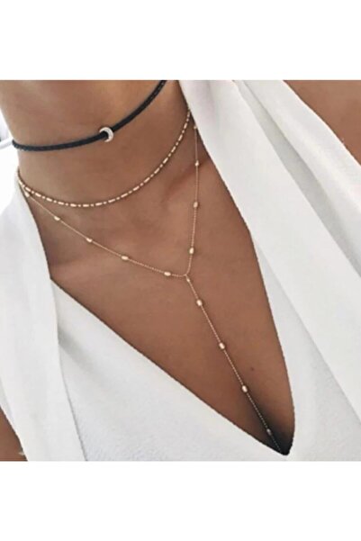 Nishstyle Gümüş Renk Ay Uçlu Siyah Güderi Üçlü Choker Kolye