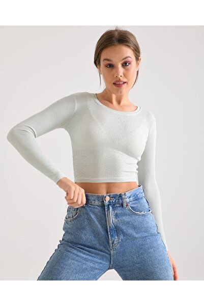 VEGAMOD Ultra Esnek Fitilli Ince Su Yeşili Crop Top Büstiyer Bisiklet Yaka Üst Uzun Kollu Bluz