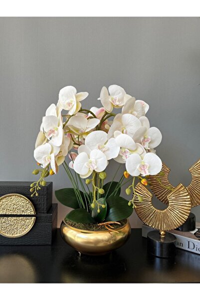 LİLOTEHOME Yapay Orkide 8 Dallı Model Parlak Gold Renk Saksı