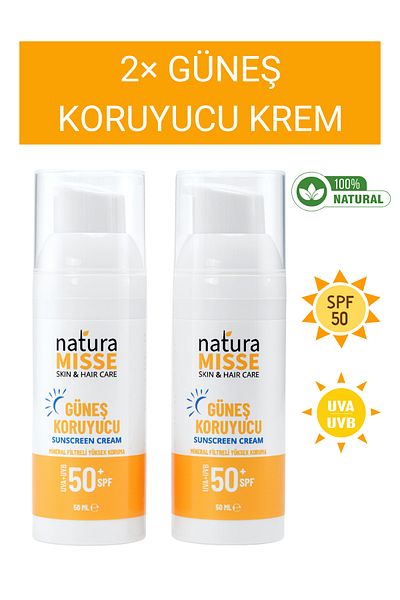 NaturaMisse واقي شمسي طبيعي - 2 × 50 مل، عامل حماية من الأشعة فوق البنفسجية 50، حماية عالية، عناية مضادة للعيوب، ترطيب ذو أساس مائي