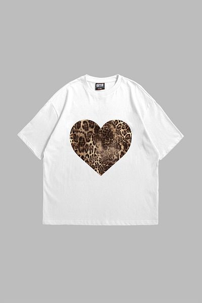Sekizbiraltı Unisex Λευκό μπλουζάκι Oversize - Heart Leopard Printed, 24/1 Model