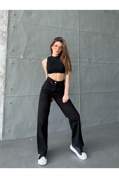 Swet Shop Jeans Blugi Palazzo de damă negri cu talie înaltă