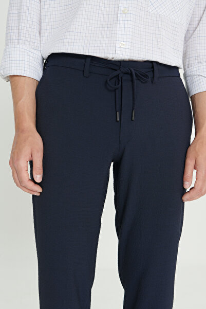 ALTINYILDIZ CLASSICS Erkek Lacivert Slim Fit Dar Kesim Gofre Desenli Esnek Beli Bağlamalı Pantolon