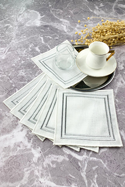 WEARE2 مجموعة من 6 مناديل كوكتيل مطرزة باللونين الأبيض والرمادي اللامع