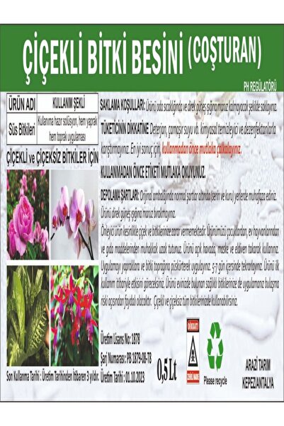 ARAZİ TARIM Sinek ve Yeşil Yaprak Biti Önleyici 0,5 lt ve Çiçekli Bitki Besini (coşturan) 0,5 lt(İKİLİ SET)