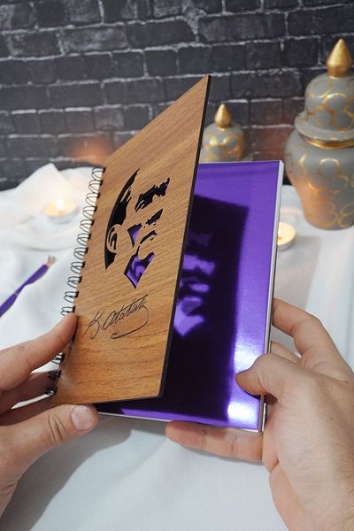 markcat Mustafa Kemal Atatürk Wooden Notebook - A5 Spiral School Notebook