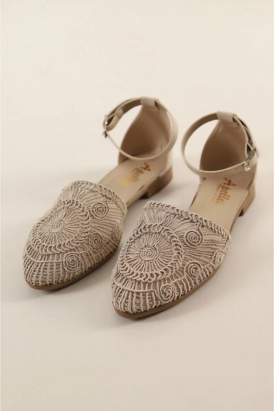 apelles Black and White Nude Ballerinas with Embroidered Ankle Tie - Flat Sole