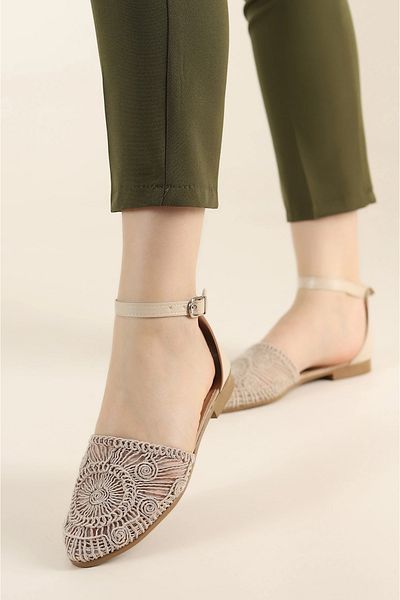 apelles Black and White Nude Ballerinas with Embroidered Ankle Tie - Flat Sole