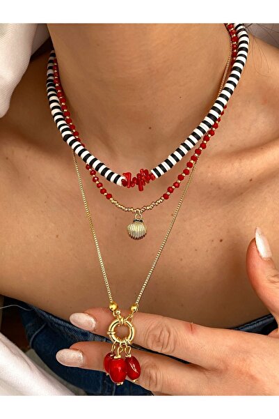 Lucky Designs Gold Kırmızı Mercan Taş Detay Dümen Kilit Üçlü Set Kolye/ Kadın...