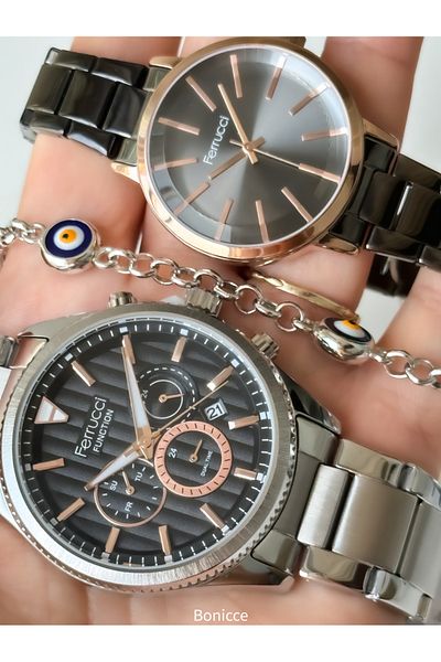 Ferrucci Brand Black Rose Color Steel Strap Lover Couple Wristwatch + Bracelet