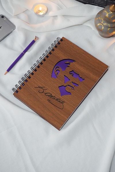 markcat Mustafa Kemal Atatürk Wooden Notebook - A5 Spiral School Notebook